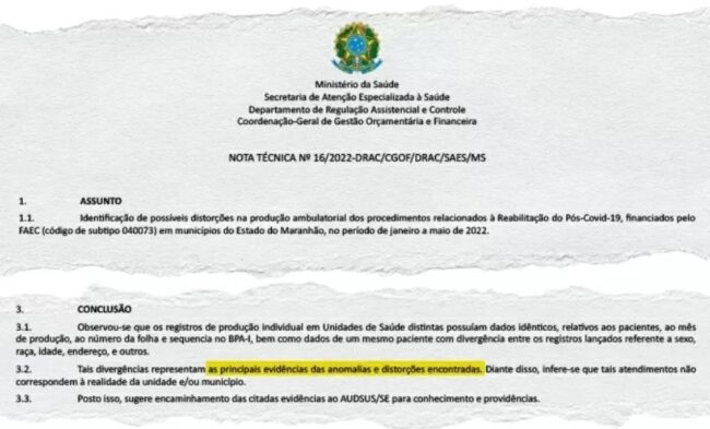Documento interno do Ministério da Saúde indica "evidências das anomalias e distorções" nos atendimentos pós-covid no Maranhão